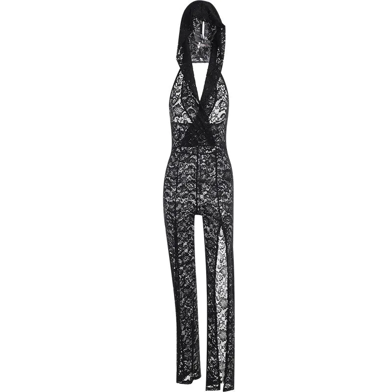 YJ23380Lace Hooded Sexy See-through Slit Slim-Fitting Hot Girl One-Piece Trousers European and American New Summer Women's Clothes