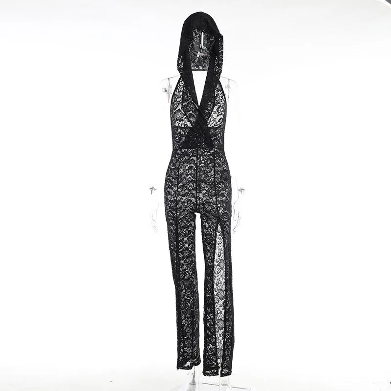 YJ23380Lace Hooded Sexy See-through Slit Slim-Fitting Hot Girl One-Piece Trousers European and American New Summer Women's Clothes