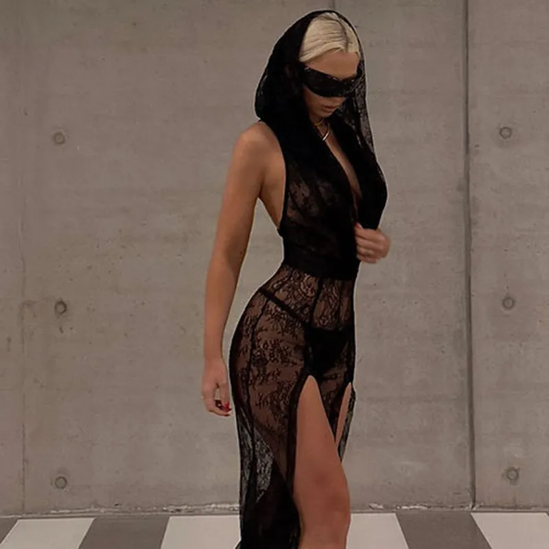 YJ23380Lace Hooded Sexy See-through Slit Slim-Fitting Hot Girl One-Piece Trousers European and American New Summer Women's Clothes